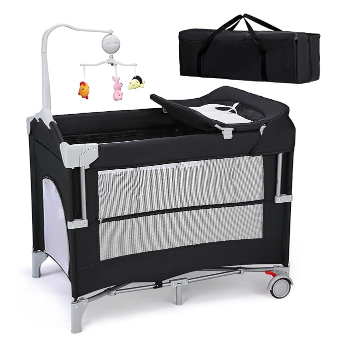 JOYMOR Pack and Play with Changing Table, 5-in-1 Portable Baby Bedside Bassinet with Storage, Travel Crib with Carry Bag, Compact Fold (Black)