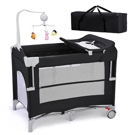JOYMOR Pack and Play with Changing Table, 5-in-1 Portable Baby Bedside Bassinet with Storage, Travel Crib with Carry Bag, Compact Fold (Black)