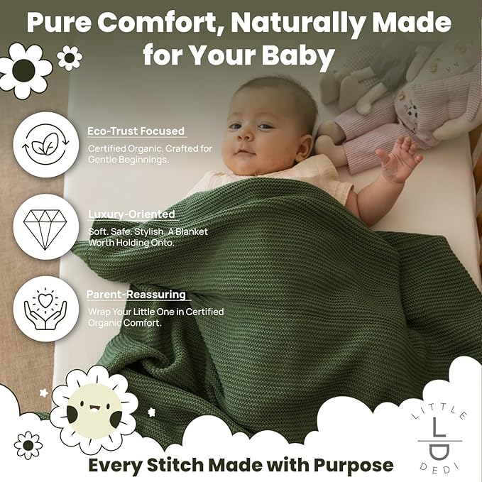 100% Organic Cotton Baby Knitted Blanket with Gift Box - Soft Toddler, Crib, Stroller Blanket - Neutral Swaddle and Receiving Blanket for Newborns, 30"x40", Pepper Green