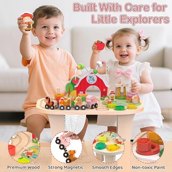 Kids Girls Wooden Farm Activity Table for 1 2 3 Years Old, Montessori Learning Toy with Bead Maze, Shape Sorter & Animal Train, Sensory Development Toy for Toddlers, Educational Gift for Baby