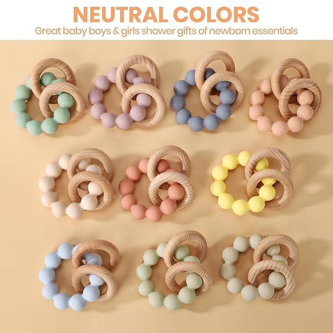 Socub Baby Teething Toys for 0-6 6-12 Months- BPA-Free Food-Grade Silicone & Natural Beech Wood Teether Ring for Newborn Infants Teething Relief- Easy-Grip Sensory Rattle Toys(Shifting Sand)