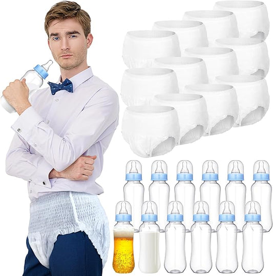 Hushee 12 Sets Funny Plastic Bottle Chug Baby Shower Games Diaper Baby Shower Game Gender Reveal Race Gifts Decoration for Adults Boys Girls (Blue)