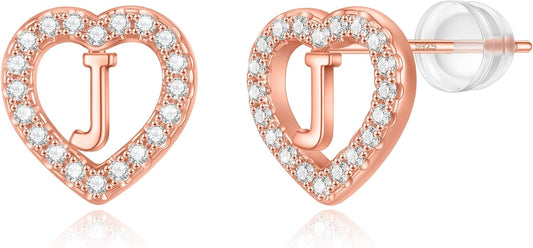 Initial Heart Earrings for Girls, Sterling Silver Post Silver/Rose Gold Heart Initial Stud Earrings for Little Girls Kids Baby Earrings Non Tarnish Hypoallergenic Earrings for Teen Girls Gifts Jewelry