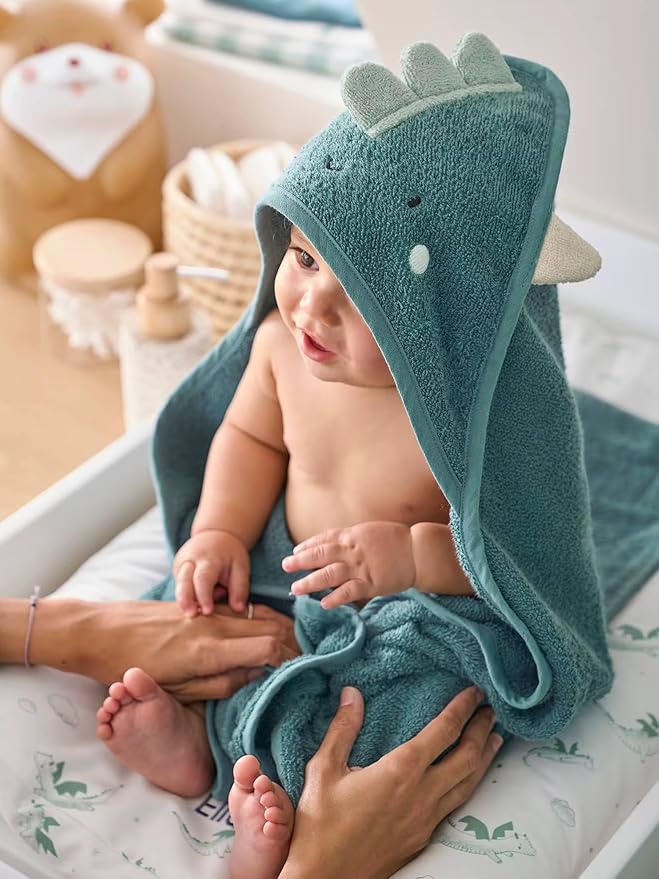 Hooded Baby Towel with Mitt - Ultra Soft Plush Bath Essential for Newborn, Infant & Toddler - Premium 30x30 Inch Large Absorbent Baby Bath Towels with Hood for Boys & Girls (Happy Dino)