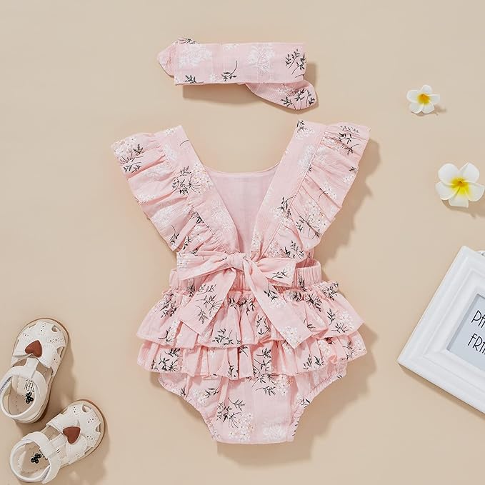 Baby Girls Floral Cotton Leotard Romper Newborn Daisy Playsuits Ruffled Sleeve Onesie Infant Jumpsuit Clothes Headband