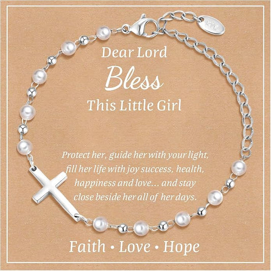 Baby Baptism Cross Bracelet Gift : 18k Gold Plated/Silver Delicate Pearl Cross Bracelets Kids Daughter Granddaughter Birthday First Communion Confirmation Gifts Christian Jewelry for Boys Girls