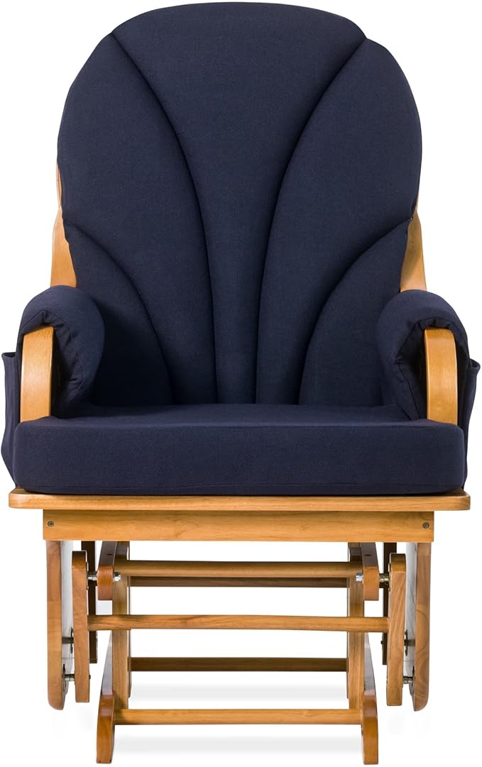 Foundations Lullaby Wood Base Glider Rocker - Baby Feeding and Rocking Chair for Daycare Environment - Nursery Chairs with Padded Foam Arm Rests - (Natural/Blue)