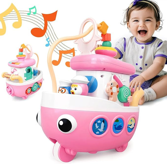Toys for 1+ Year Old Girls - Baby Toys Crawling Boat with Music and Sound, 9-in-1 Baby Musical Toys 18+ Months Age, First Christmas 1st Birthday Gifts for 1+ Year Old