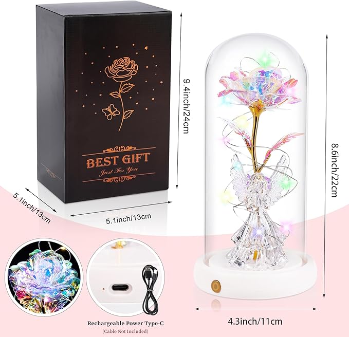 Birthday Gifts for Women Angel Rose USB Rechargeable Light Up Flowers in Glass Dome,Preserved Flowers Grandma Mom Gifts from Daughter Angel Figurines for Anniversary Mothers Day