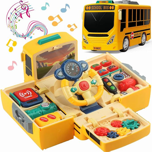 HONGTUO School Bus Toy with Sound and Light, Simulation Steering Wheel, Toddlers School Bus with Music Education, Gift for 1-3-5 Boys & Girls