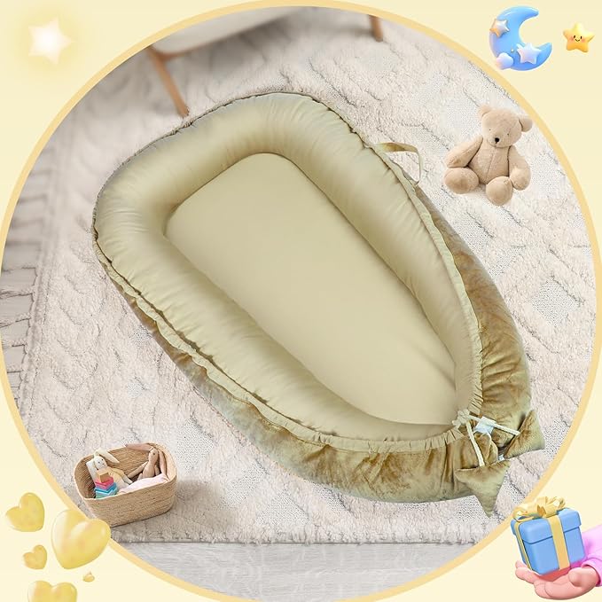 Baby Lounger - Baby Lounger for Newborn 0-24 Months, Breathable and Soft Cotton and Velvet Cover Baby Nest, Portable Cozy Infant Lounger for Home and Travel, Ideal Baby Essentials & Shower Gifts