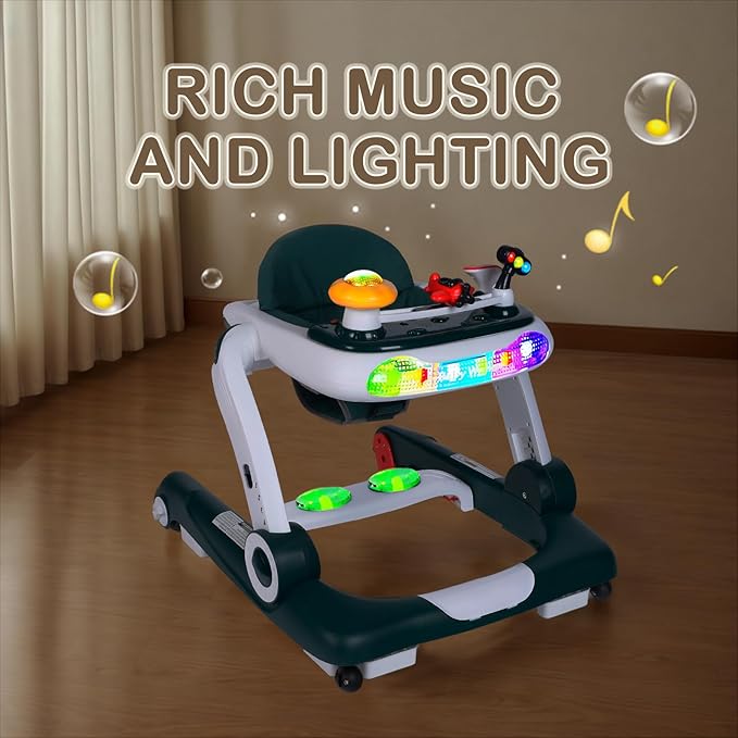 Kinder King Baby Walker with Music & Lights, 5 in 1 Baby Bouncer Activity Walker, Adjustable Height & Seat, Learning-Seated & Toddler Walk-Behind, Safety Bumper, Infant Walker Anti-Rollover, Green