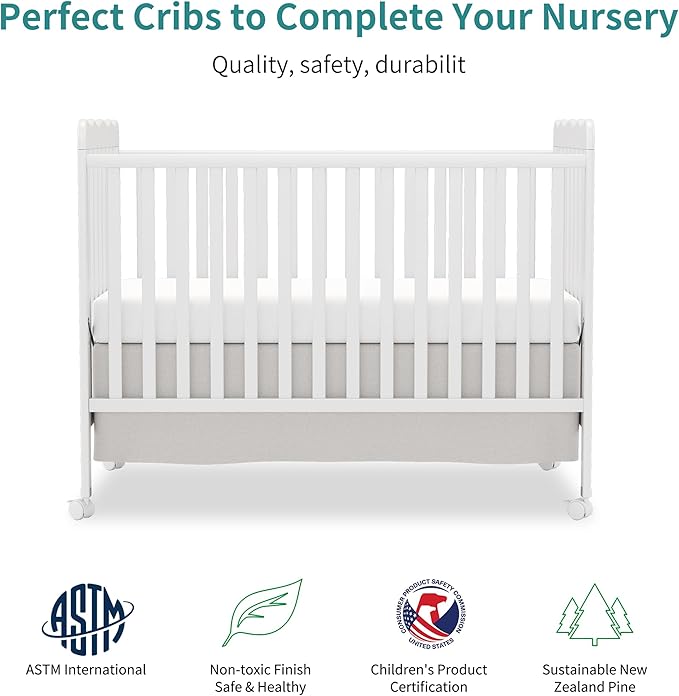 4 in 1 Convertible Baby Crib, Wooden Nursery Cribs Converts into Toddler Bed and Daybed, 3 Adjustable Base, Non-Toxic Finishes, Removable Wheels (White)