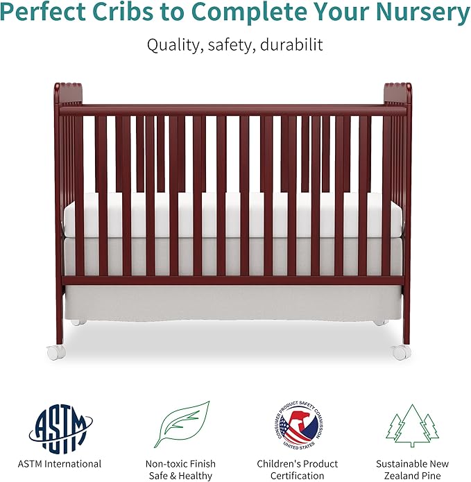 4 in 1 Convertible Baby Crib, Wooden Nursery Cribs Converts into Toddler Bed and Daybed, 3 Adjustable Base, Non-Toxic Finishes, Removable Wheels (Cherry)