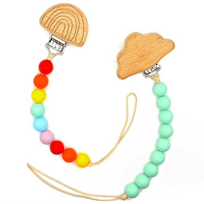 Wood Paci Clips 2 Pack for Baby Girl & Boy, Premium Flexible Bead Design, Universal Fit, Safe Pacifier Holder