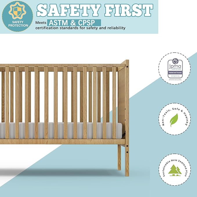 Baby Crib 5-in-1 Convertible, Wood Full Size Toddler Bed for Small Baby, Made of Sustainable Natural Pinewood Cribs, Non-Toxic Finish, Simplistic Nursery Furniture (Natural)