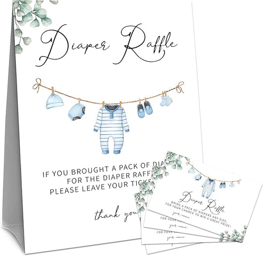 Greenery Diaper Raffle Set For Baby Shower - 50 Raffle Tickets With 1 Standing Sign - Baby Announcement, Gender Reveal Baby Shower Party Decoration Game Set - A02