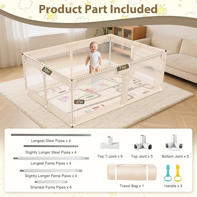 Playpen with Mat 71x59inch - Extra Large Baby Play Pen for Babies and Toddlers - Indoor and Outdoor Baby Playpen with Soft Breathable Mesh Cover - Sturdy Foam Babies Gate Playard (Apricot)
