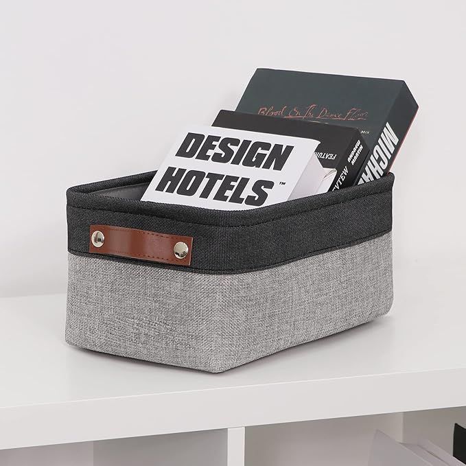 HNZIGE Small Storage Baskets Fabric Bins(6-Pack)Baskets for Shelves, Empty Gift baskets with Leather Handles,Folable Baskets for organizing Clothes, Toys, Books, Gifts(Black&Gray,11.8" x 7.8" x 5.1")