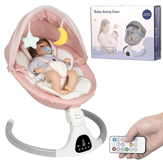 Electric Baby Swing for Infants, with Bluetooth Remote Control Timing Function and 10 Music 5 Swing Speeds 3 Seat Positions Baby Bouncer for Boy Girl Indoor & Outdoor Use (Pink)