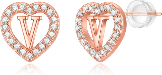 Initial Heart Earrings for Girls, Sterling Silver Post Silver/Rose Gold Heart Initial Stud Earrings for Little Girls Kids Baby Earrings Non Tarnish Hypoallergenic Earrings for Teen Girls Gifts Jewelry