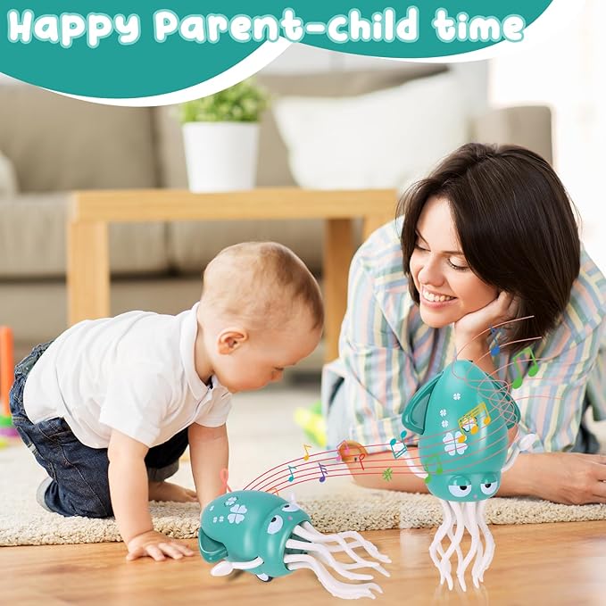 Dancing Octopus Baby Toy, Tummy Time Toys, with Music and Led Light, Automatically Avoids Obstacles, Crawling Toy Suitable for Birthday Gifts for Toddlers Over One Month Old(Green)