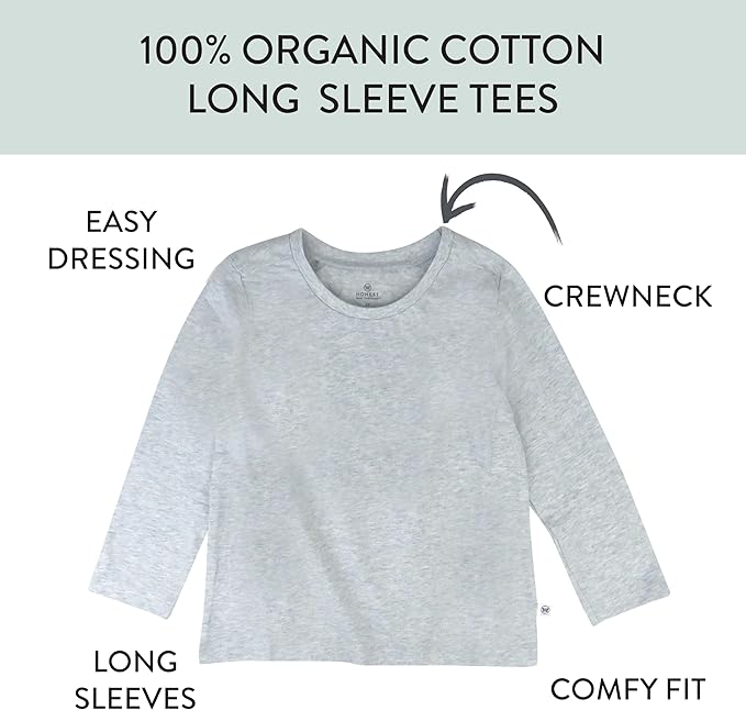 HonestBaby 5-Pack Long Sleeve T Shirts 100% Organic Cotton for Toddler, Little Kids Boys, Girls
