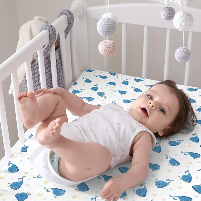 Pack n Play Flat Sheet 2 Piece Mini Crib Sheet Elastic Playard Sheet Set Portable Sheet Set Elastic Convertible Playmat Compatible Graco Pack n Play (Owl and Tree Bag) (Bubble Whale and Forest)