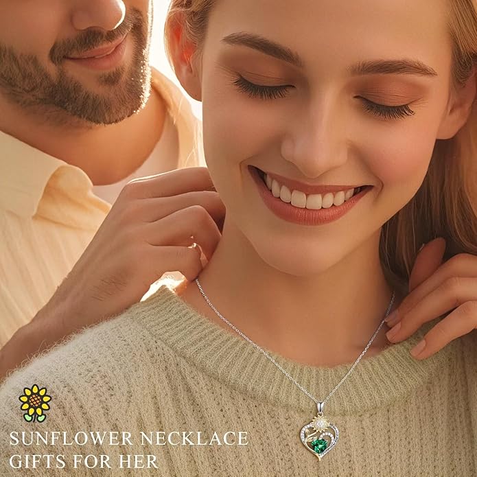 Iefil Sunflower Gifts for Women - Sunflower Necklace Heart Pendant Birthstone Necklace for Women Anniversary Birthday Gifts for Wife You Are My Sunshine 925 Sterling Silver Jewelry for Wife Mom