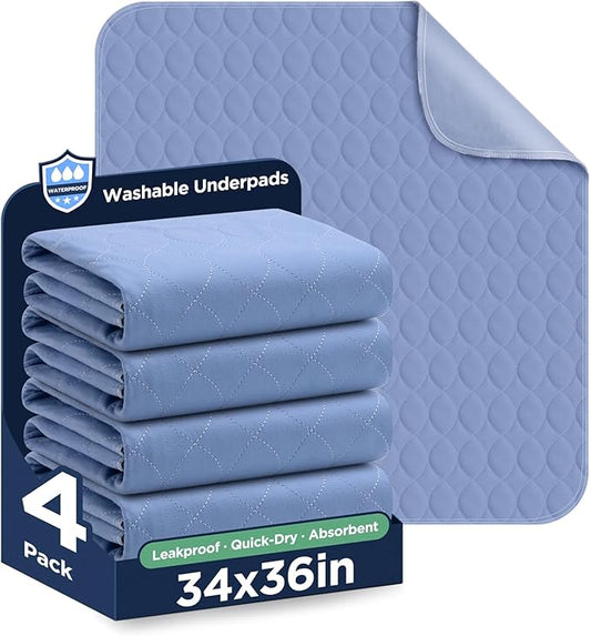 Washable Bed Pads 34" x 36" - 4 Pack, Blue, Waterproof Bed Pads for Incontinence, Bed Wetting Pads for Bed, Sofa, Floor, Resuable Underpads for Adults, Seniors, Pet