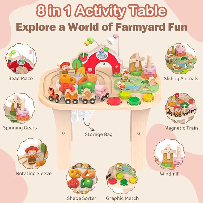 Kids Girls Wooden Farm Activity Table for 1 2 3 Years Old, Montessori Learning Toy with Bead Maze, Shape Sorter & Animal Train, Sensory Development Toy for Toddlers, Educational Gift for Baby