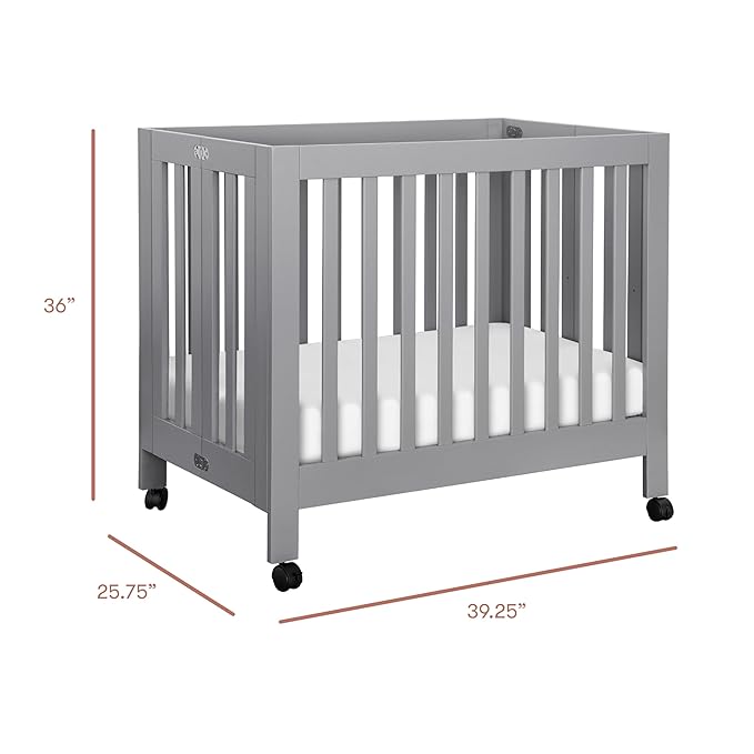 Babyletto Origami Mini Portable Folding Crib with Wheels in Grey, 2 Adjustable Mattress Positions, Greenguard Gold Certified
