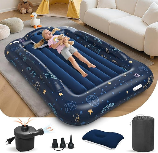 Inflatable Toddler Travel Bed Portable Camping Air Mattress with Electric Bumpers Blow Up Toddler Bed with Safe Sides Kids Travel Essentials Set for Vacation Home Outdoor-Starry Sky Blue