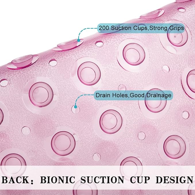 Linoows Bathtub and Shower Mats, Extra Long Non-Slip Bath Tub Mat 39 x 16 Inch, Machine Washable Bathmat with Suction Cups & Drain Holes for Bathroom Floor, Clear Pink