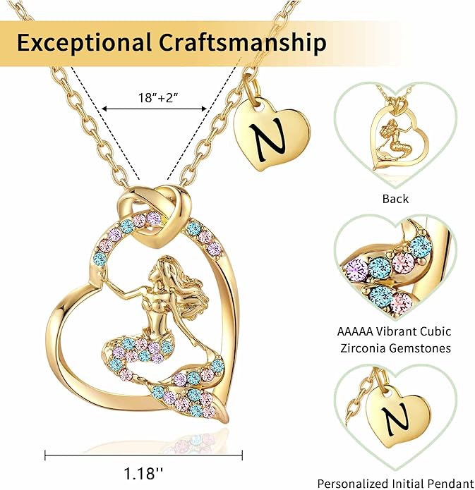 K-Acc 14K Gold-Plated Mermaid Initial Heart Necklace - Gifts for Girls