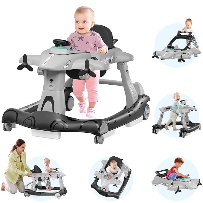 Xilingol 6-in-1 Baby Walker with Wheels, Adjustable Height & Speed Activity Walker with Padded Seat, Foldable Walker for Babies, Toddler Push Walkers for Boy & Girl 6-18 Months, Music & Light
