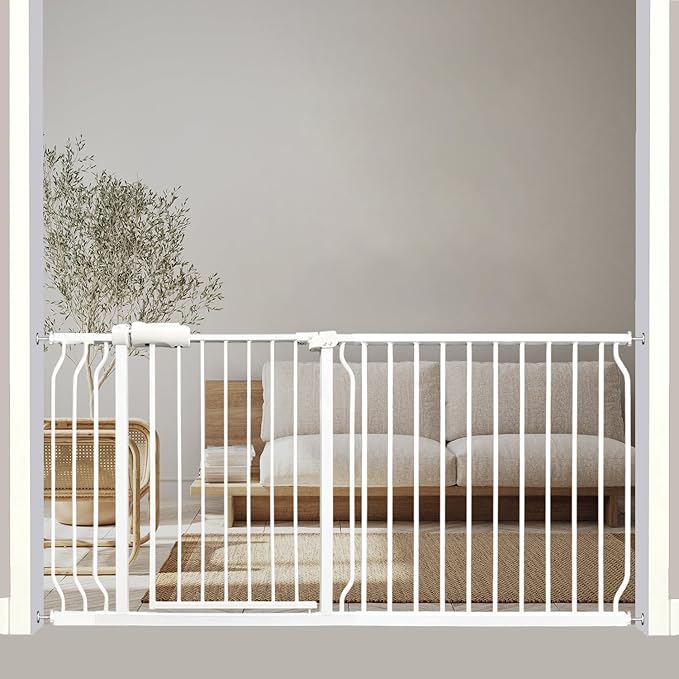 Extra Wide Baby Gate - 62-67 Inch Tension Mounted Safety Child & Pet Gate - White Metal - Walk Through - Long - for House Doorways & Stairs