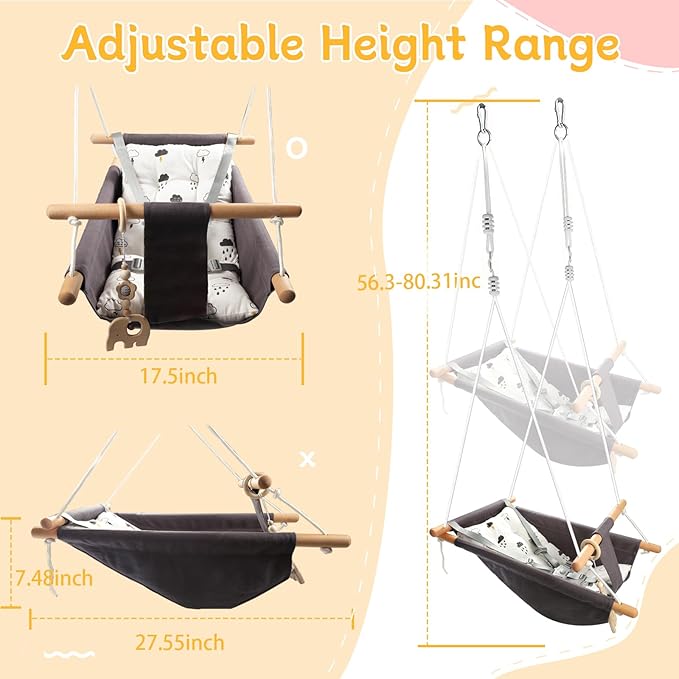 Baby Swing Outdoor Indoor for Infants to Toddlers, Portable Adjustable Baby Porch Swing with 5-Point Safety Belt, Kids Tree Hanging Chair Toys for Door Garden Backyard