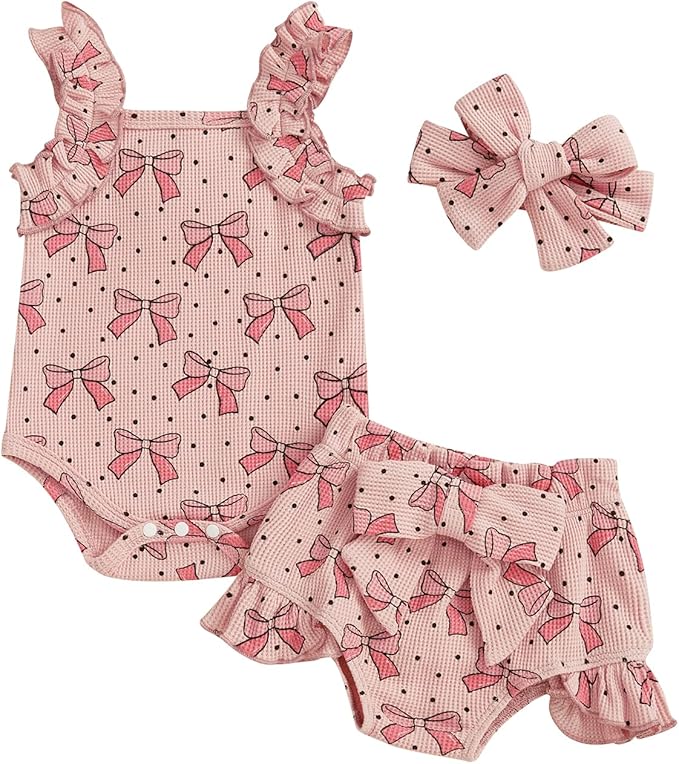 Kaipiclos Cherry Baby Outfit Newborn Infant Girl Clothes Rib Knit Romper & Shorts Waffled Baby Clothes for Girls 0 3 6 12 18M