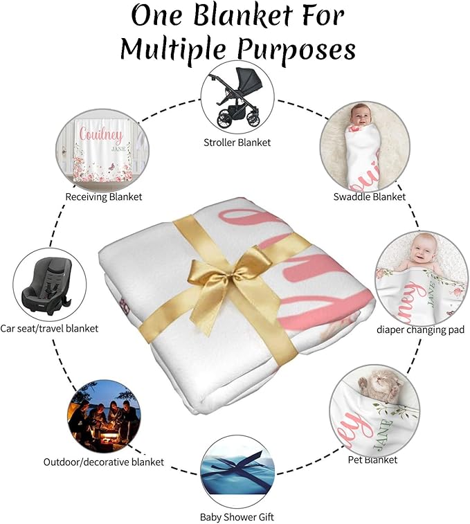 Ship Next Day, Personalized Baby Blanket for Girls- Printed in USA, Custom Baby Blankets with Name Floral Rose Blanket for Infant Newborn Shower(Rose)