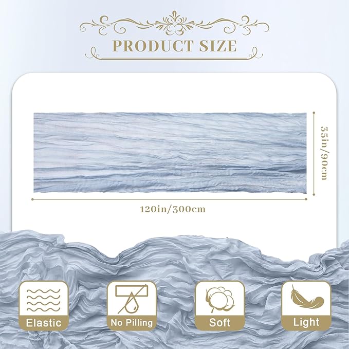 Le courant 6pcs 10Ft Cheesecloth Table Runner, Rustic Boho Gauze Cheese Cloth Runner Table Runner for Weddings Bridal Baby Shower Birthday Holiday Parties Home Decor, Dusty Blue