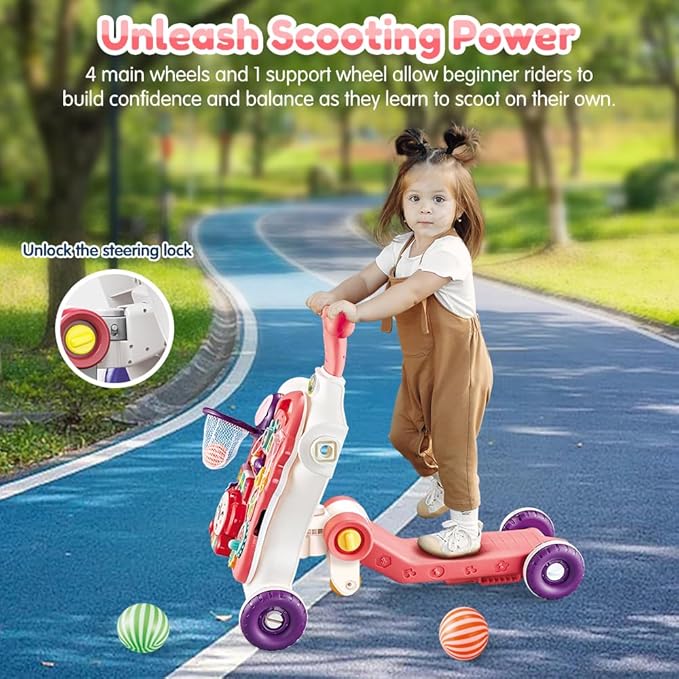 Baby Walker 5 in 1,VATOS Sit-to-Stand Learning Walker,Assemble as Scooter/Balance Bike/Push Walker/Activity Table/Detachable Panel,Push Walkers Toys with Music for Toddlers Infant Boys Girls