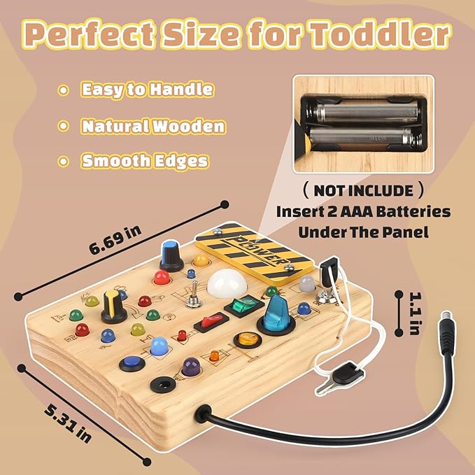 Joyreal Montessori Busy Board Wooden Sensory Toys for Toddler with LED Light Up Switch, Baby Fidget Board Travel Toys for 18+ Months, Boys Girls Birthday, Medium