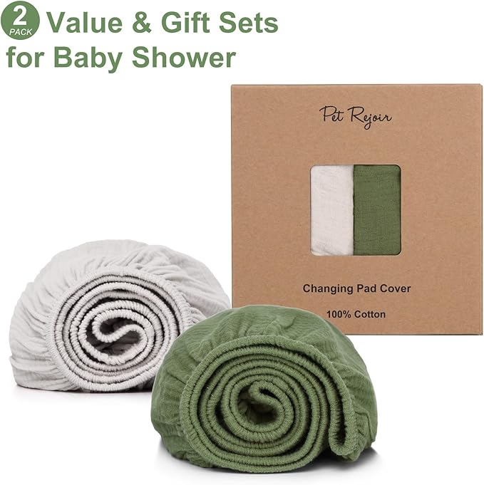 Muslin Changing Pad Cover for Baby Girls Boys-2 Pack 17"x 33" Cotton Soft Diaper Changing Pad Cover-Breathable Changing Pad Sheets-Neutral Boho Baby Showers Gift-Olive Green & Beige