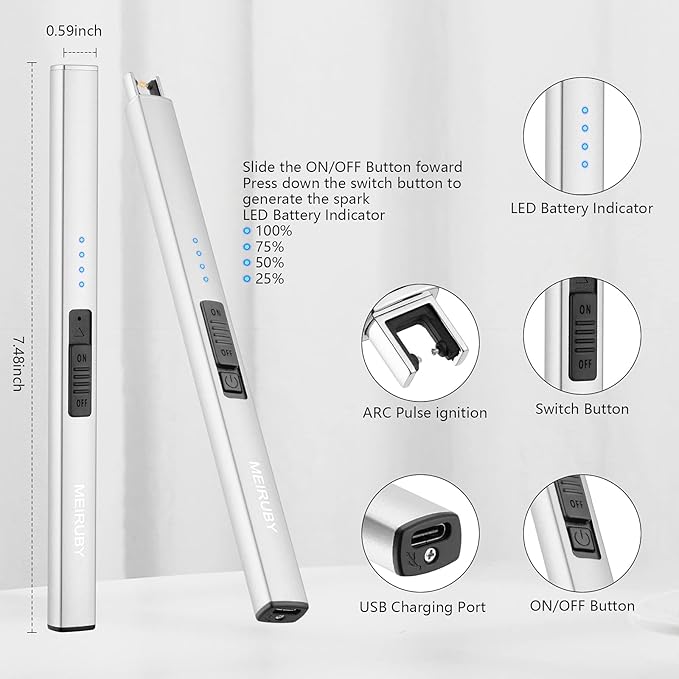 Lighter Electric Candle Lighter Long Electronic Rechargeable USB Arc Windproof Flameless Lighters for Candle Camping BBQ Birthday Women's Day Gifts for Women Mom Wife Men, Silver