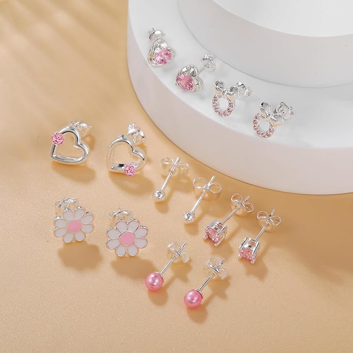6 Pairs Huggie Hoop Earrings 925 Sterling Silver Stud Sets Cute Heart Hoops Tiny Cubic Zirconia Flower Stud Small Hypoallergenic Cartilage Sleeper Earrings