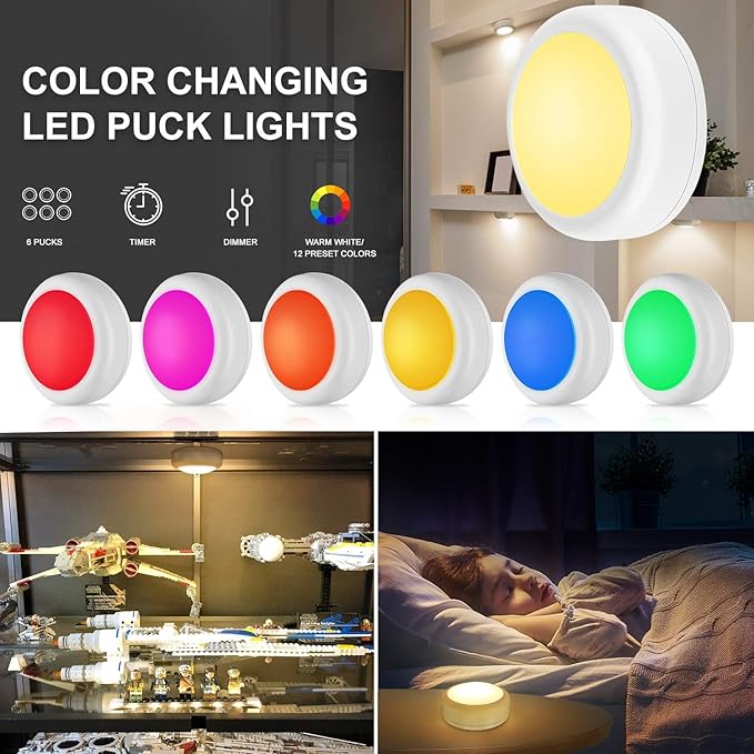 BLS LED Puck Lights with Remote Control, Wireless Under Cabinet & Closet Lighting, RGB 13 Color Changing Lights with Dimmer, Timer & AA Battery Operated, Push, Touch, Stick on for Night, Wall, 6 Pack