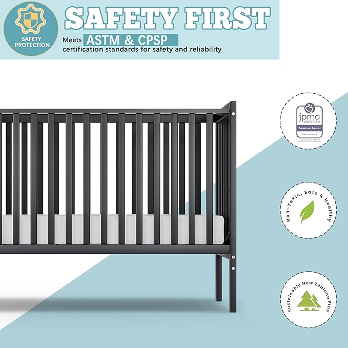 Baby Crib 5-in-1 Convertible, Wood Full Size Toddler Bed for Small Baby, Made of Sustainable Natural Pinewood Cribs, Non-Toxic Finish, Simplistic Nursery Furniture (Black)