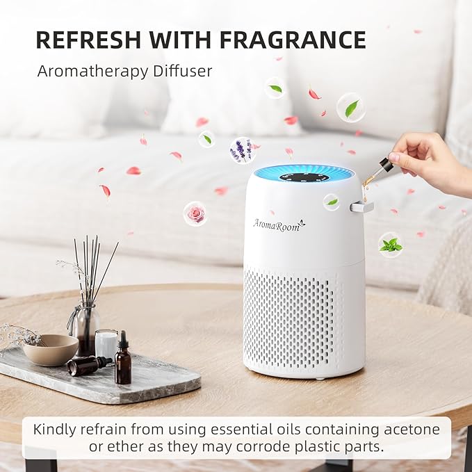 AromaRoom 2 Pack Air Purifiers for Bedroom, H13 HEPA Air Purifier for Home with Aromatherapy, Portable Air Cleaner for Smoke, Allergies, Pet Hair Dander, Odor, Dust, RGB Night Light, AP100-C (White)