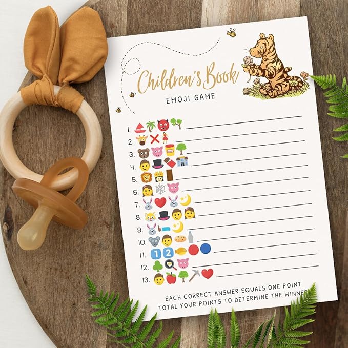 Printed Party Winnie Baby Shower Game Set – 4 Games with Classic Pooh Theme for 30 Guests, Includes Bingo, Mommy Trivia, Emoji Storybook, and Guess Who, Bear Theme for Boy or Girl